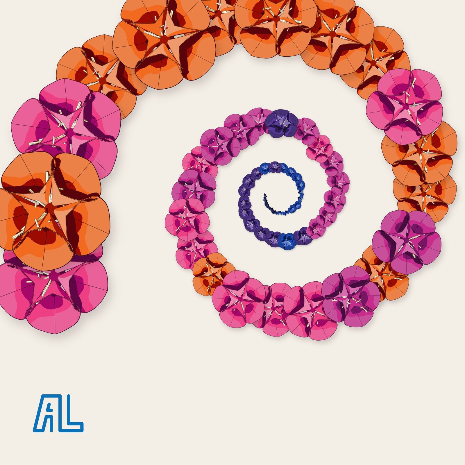 Paper flowers along a single logarithmic spiral arm on paper, large at the rim and tiny at the centre