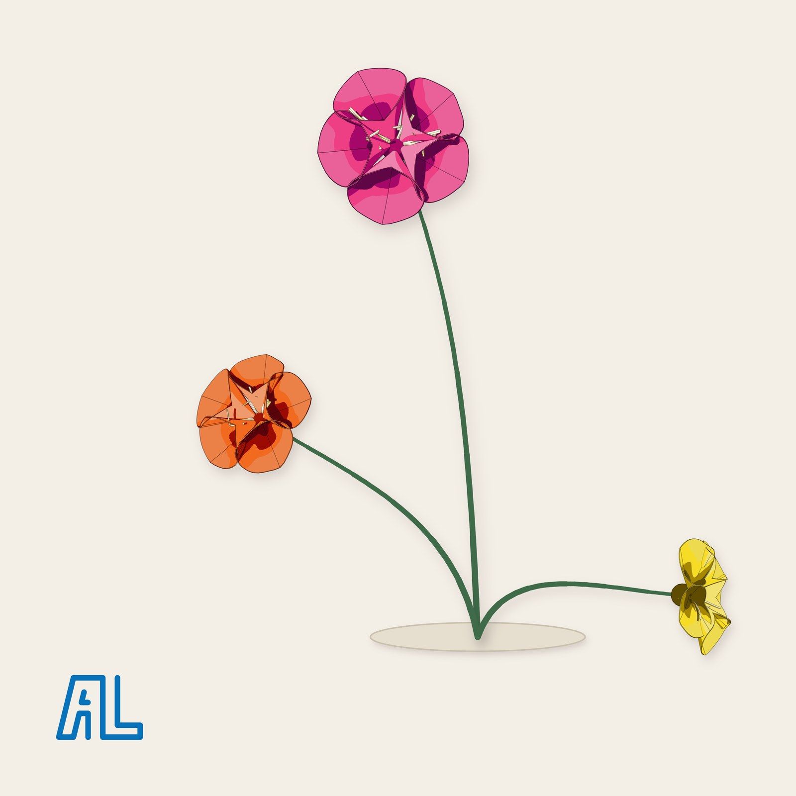 Three paper flowers on three green stems from one base on paper: hot pink highest, orange leaning left, yellow low to the right