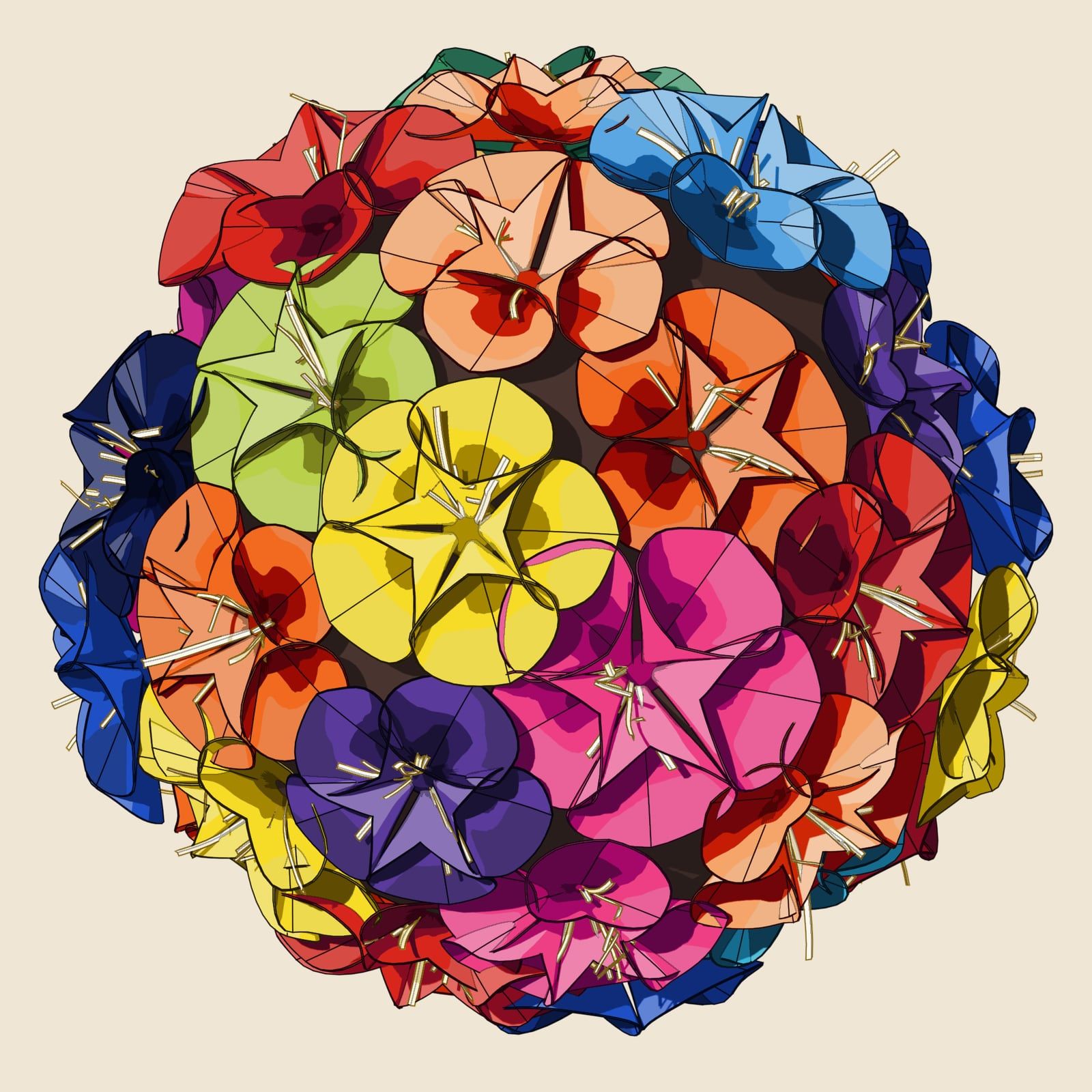 The Paper Flowers bouquet rendered in Blender: a sphere of kusudama flowers in red, orange, yellow, pink, purple and blue