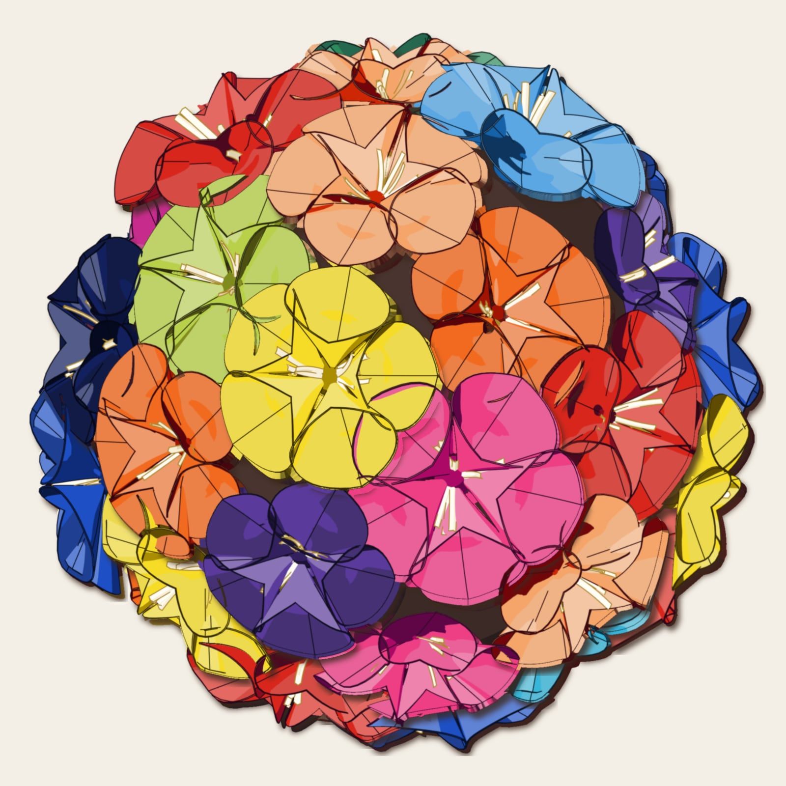 The bouquet as a layered paper diorama with soft shadows