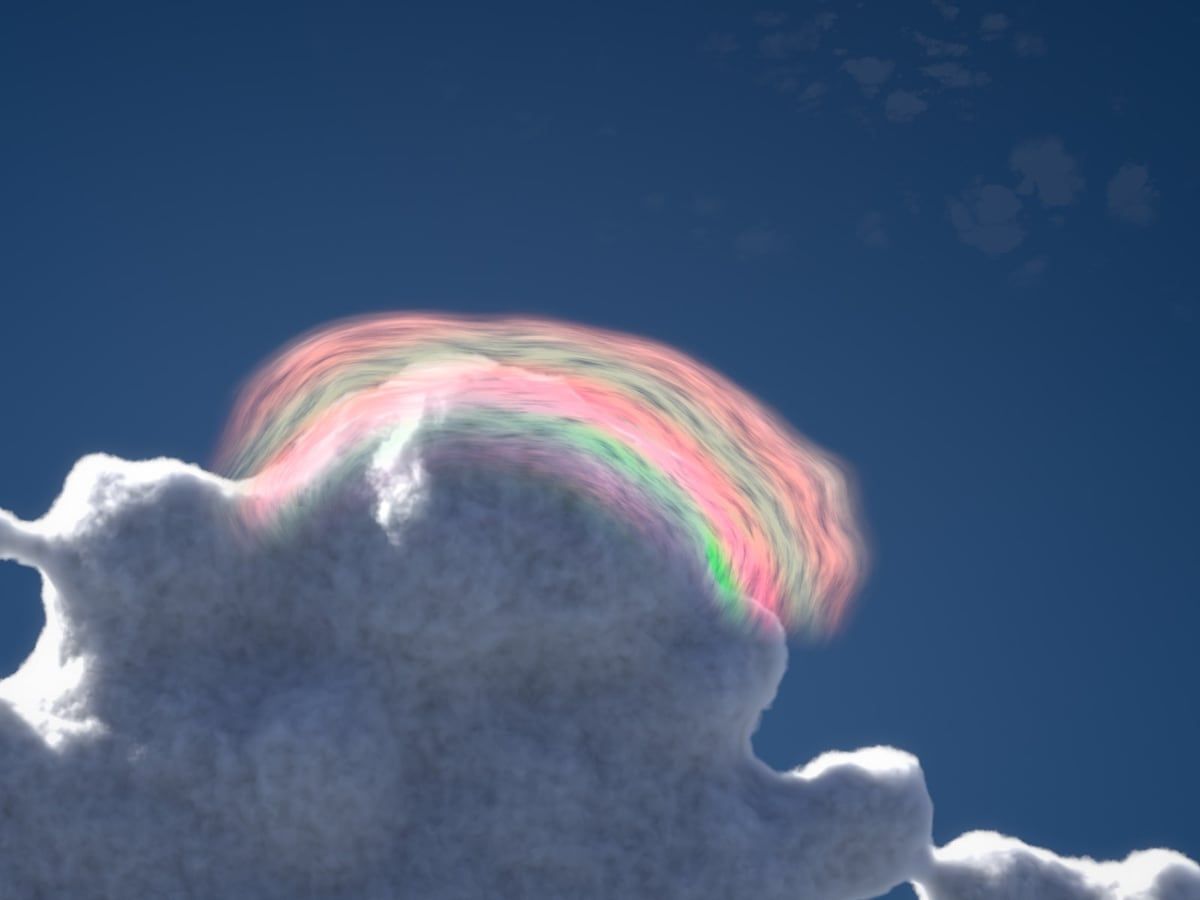 Merged render: the volumetric cumulus under the physics cap, pink and green arches over its shoulder