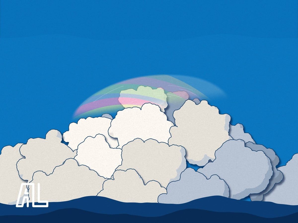 Cut-paper version: outlined paper cloud lobes on logo blue with a flat-banded vellum cap, white monogram bottom left