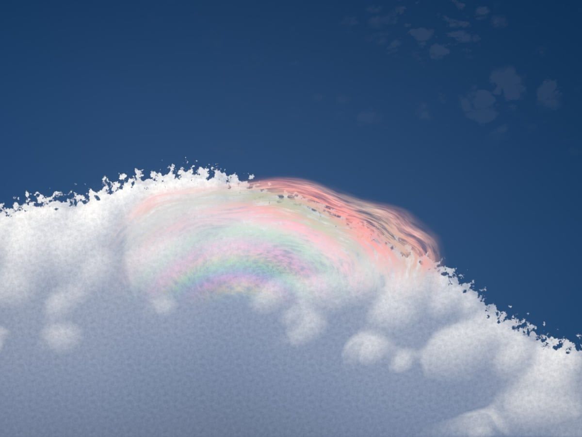 Physics render: a soft white tower with a pastel iridescent cap against a blue gradient sky