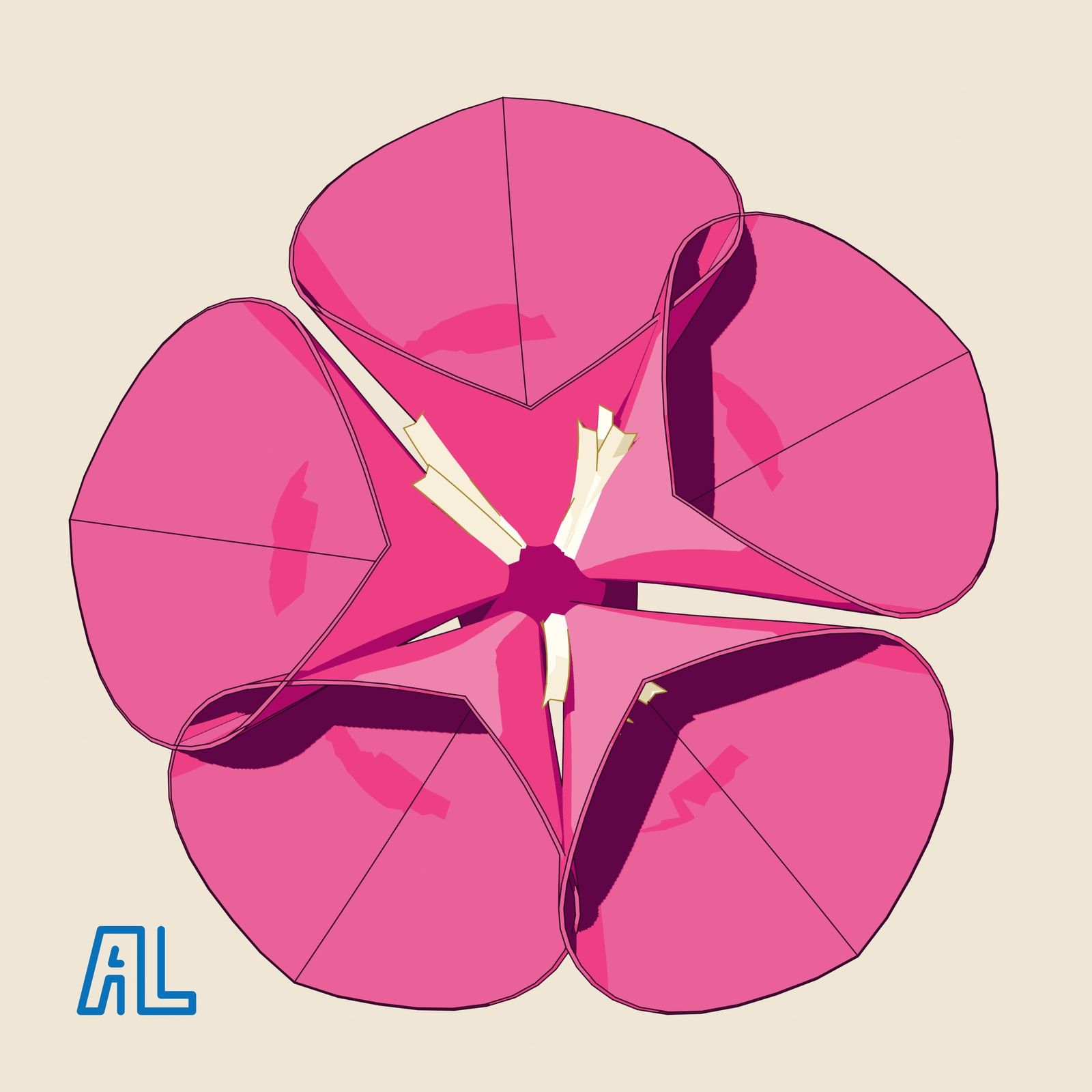 One hot-pink kusudama flower rendered in 3D on paper, with the aubertlone monogram