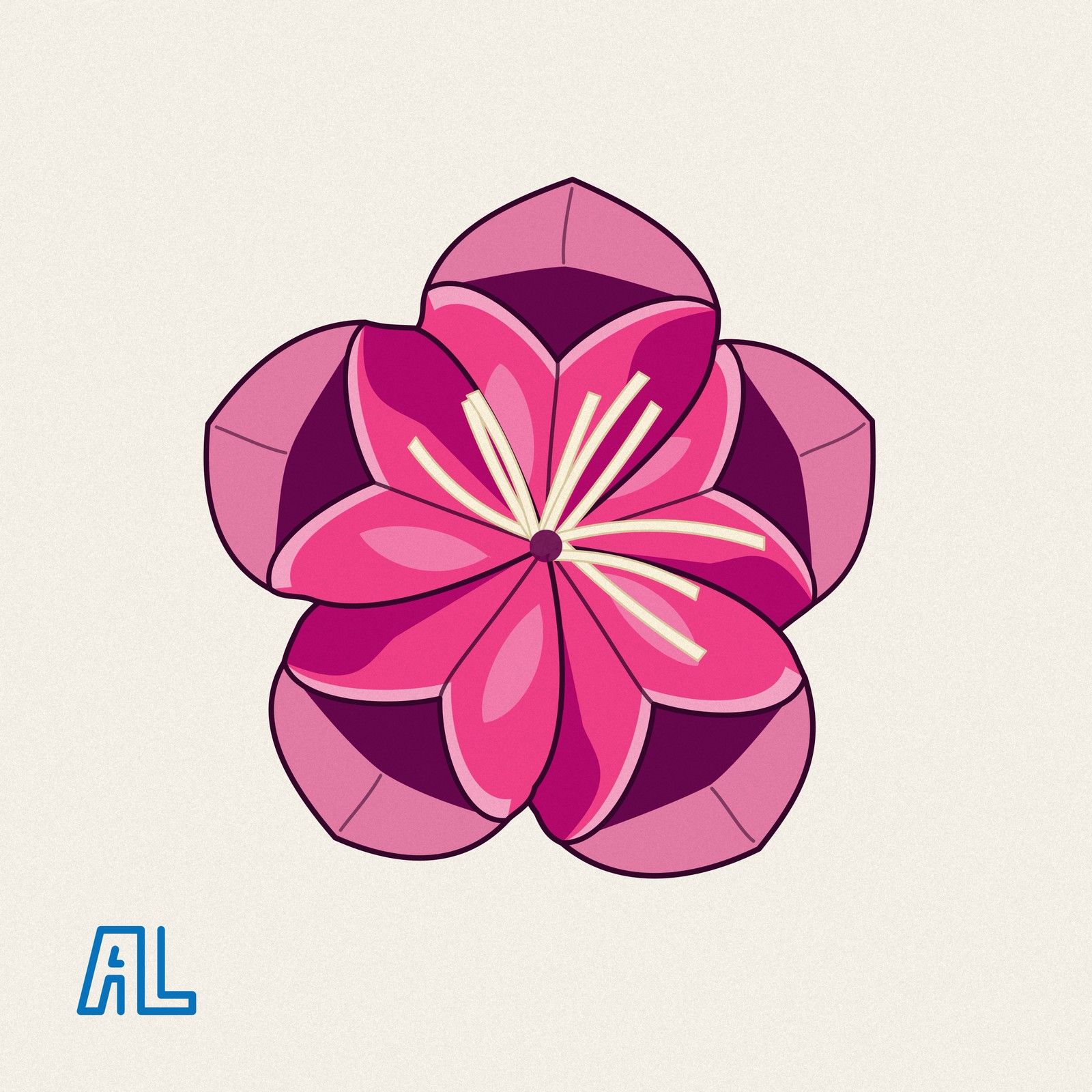 One hot-pink kusudama flower drawn flat as vector art on paper, with the aubertlone monogram