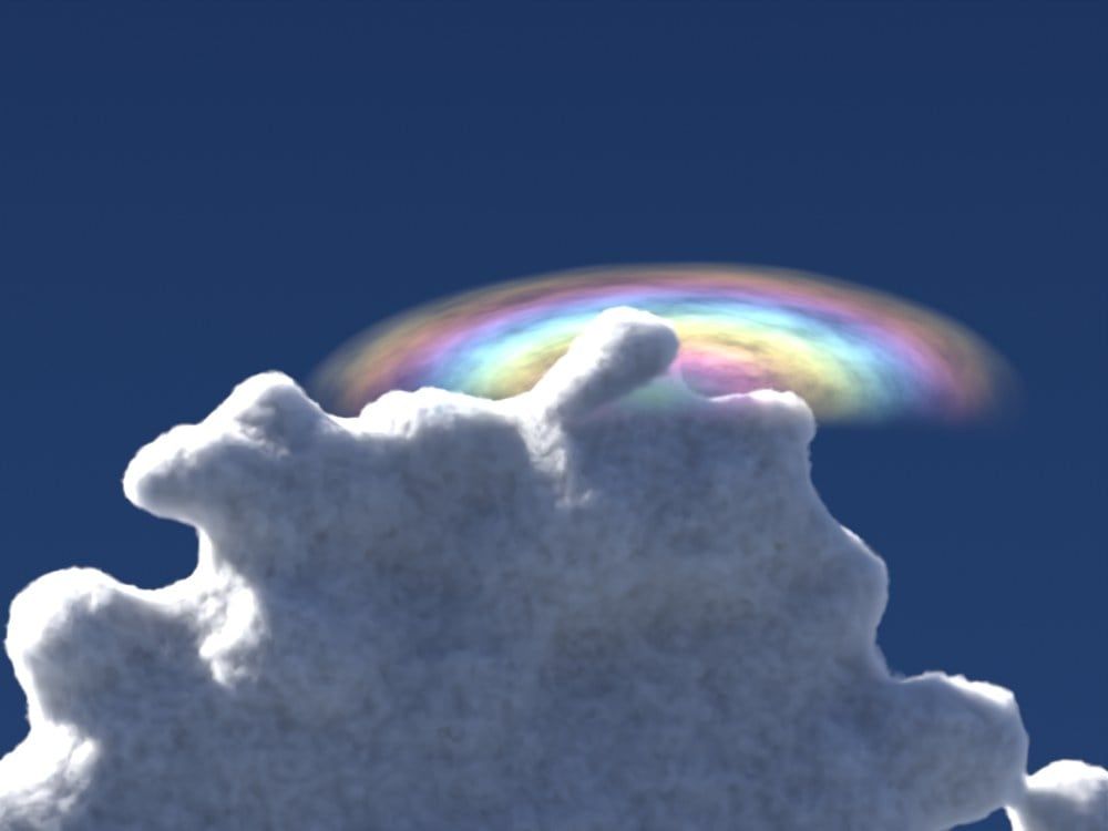 Blender pileus render with 12 micron droplets: pink, green and pink bands