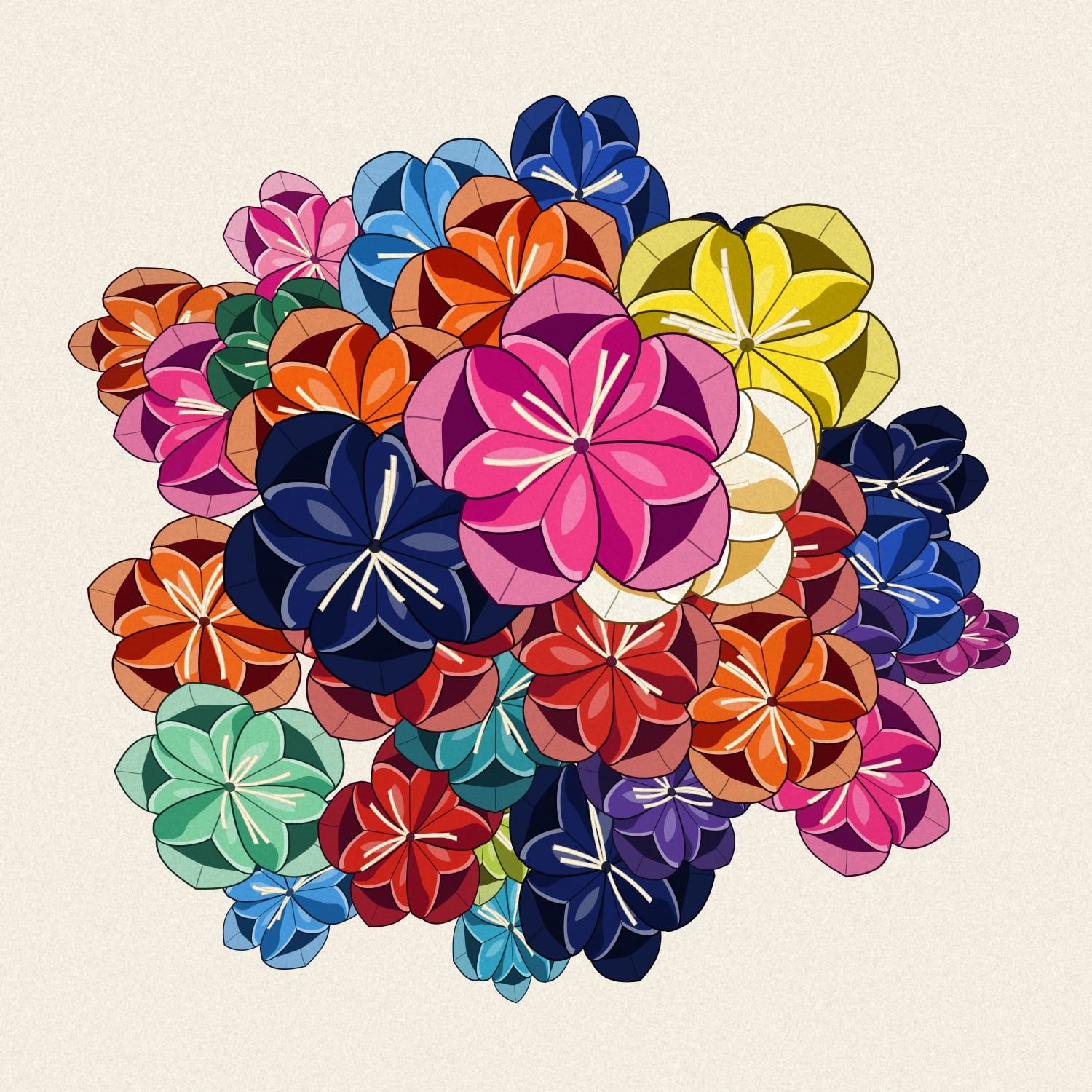Paper Flowers album cover in progress: the whole bouquet as flat vector kusudama flowers