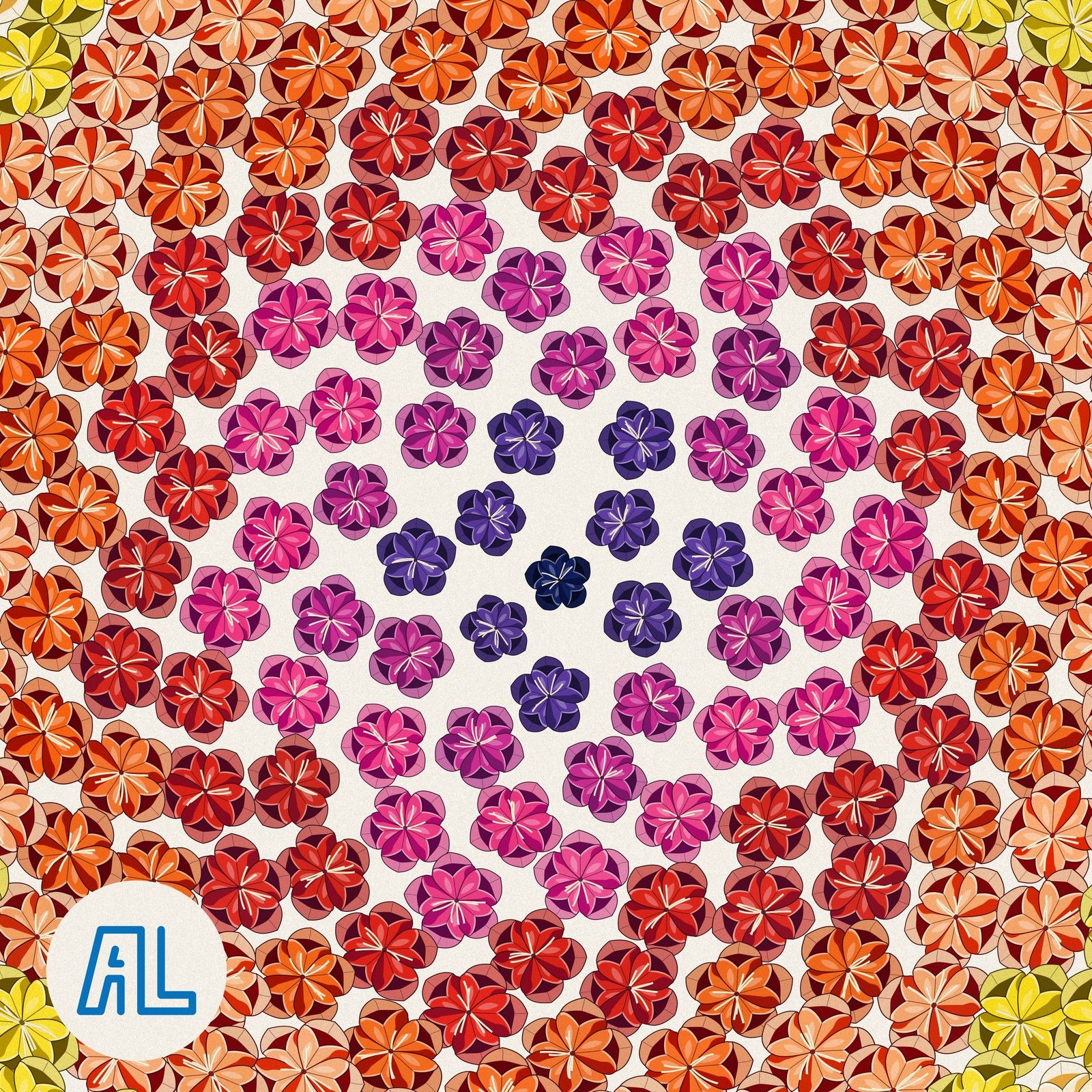 A dense head of paper flowers in a sunflower spiral, navy at the centre through magenta and orange to yellow at the corners