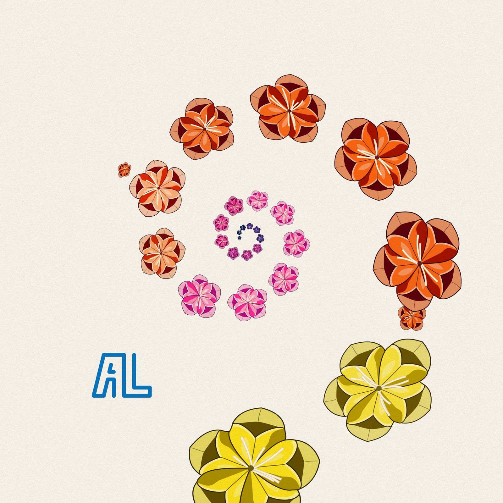 A sparse spiral arm of paper flowers on a paper background