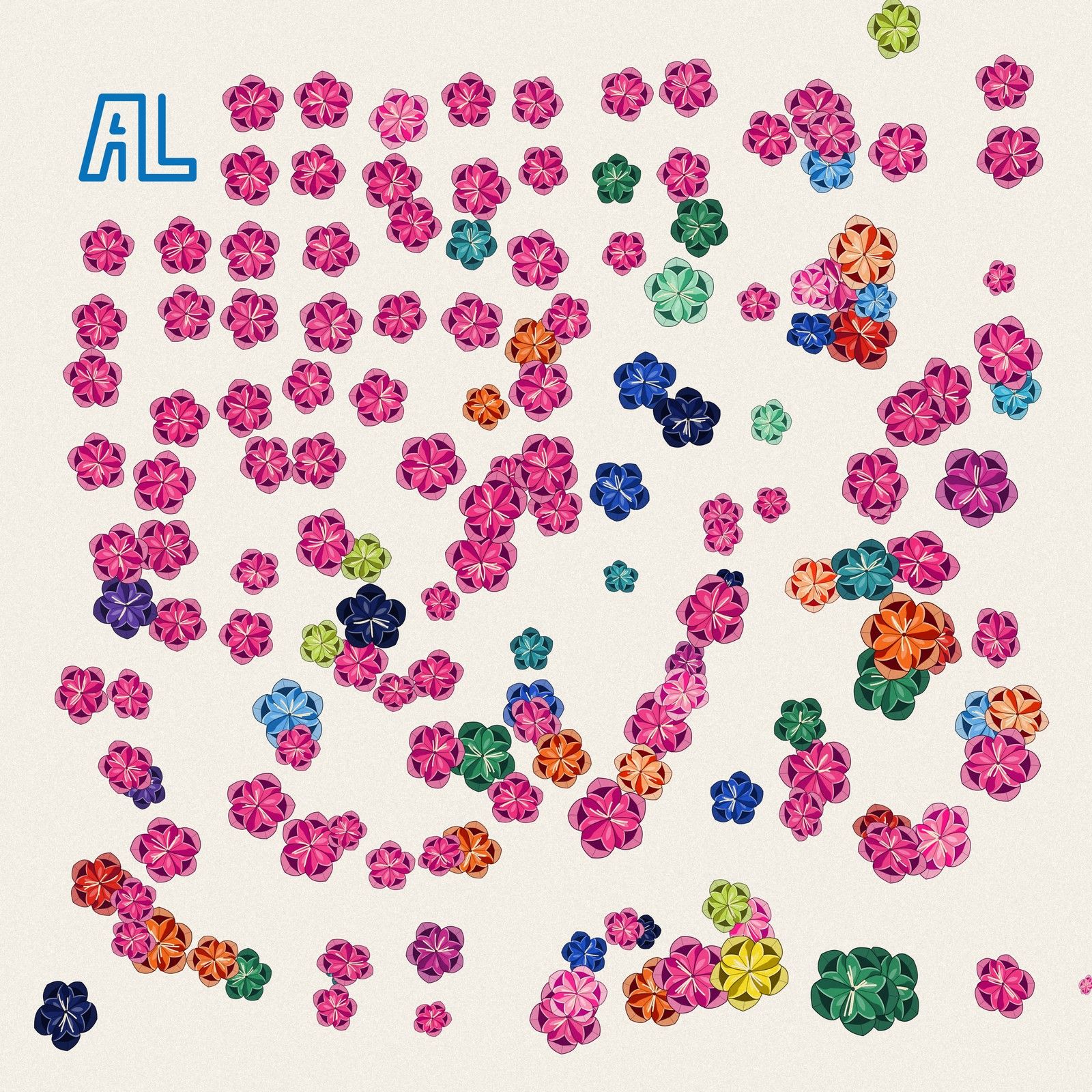 A grid of hot-pink paper flowers that is orderly at the top left and dissolves into scattered, mixed colours at the bottom right
