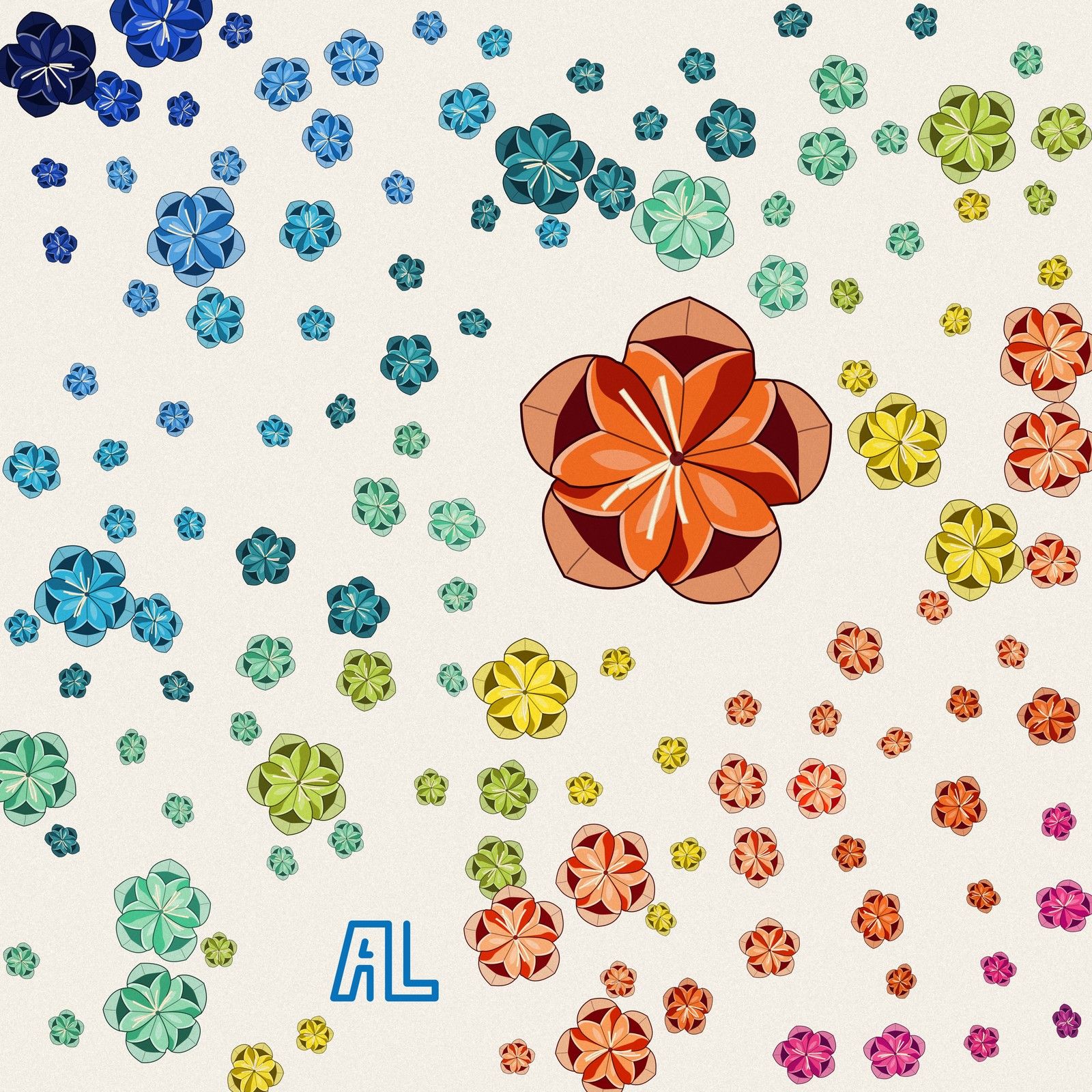 Paper flowers of three sizes scattered evenly across paper, colour shifting diagonally from navy to magenta, with one large flower off centre
