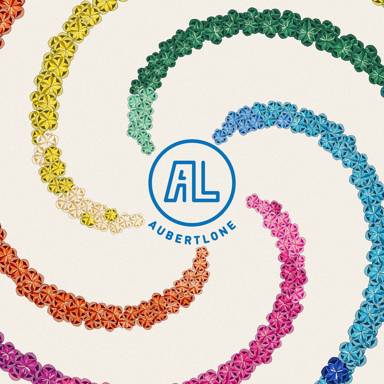 A five-arm pinwheel of paper flowers around the aubertlone badge