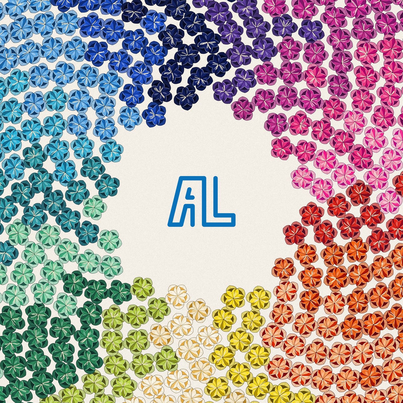 A ring of paper flowers on paper whose colour runs through the whole palette around the circle