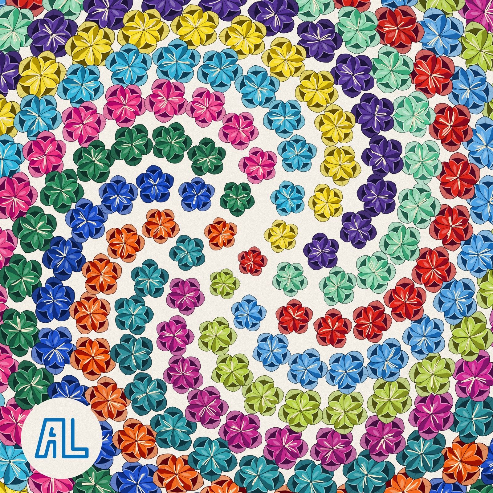 Paper Flowers album cover in progress: a rainbow spiral of paper flowers